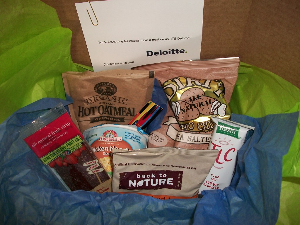 care package for college student interns from deloitte with quality, healthy snacks